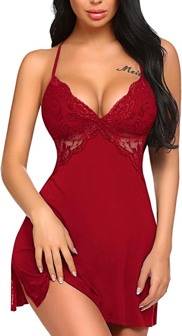 Avidlove Women Lingerie Lace Chemise Sleepwear Babydoll Teddy Lingerie (Large, A-dark Red)