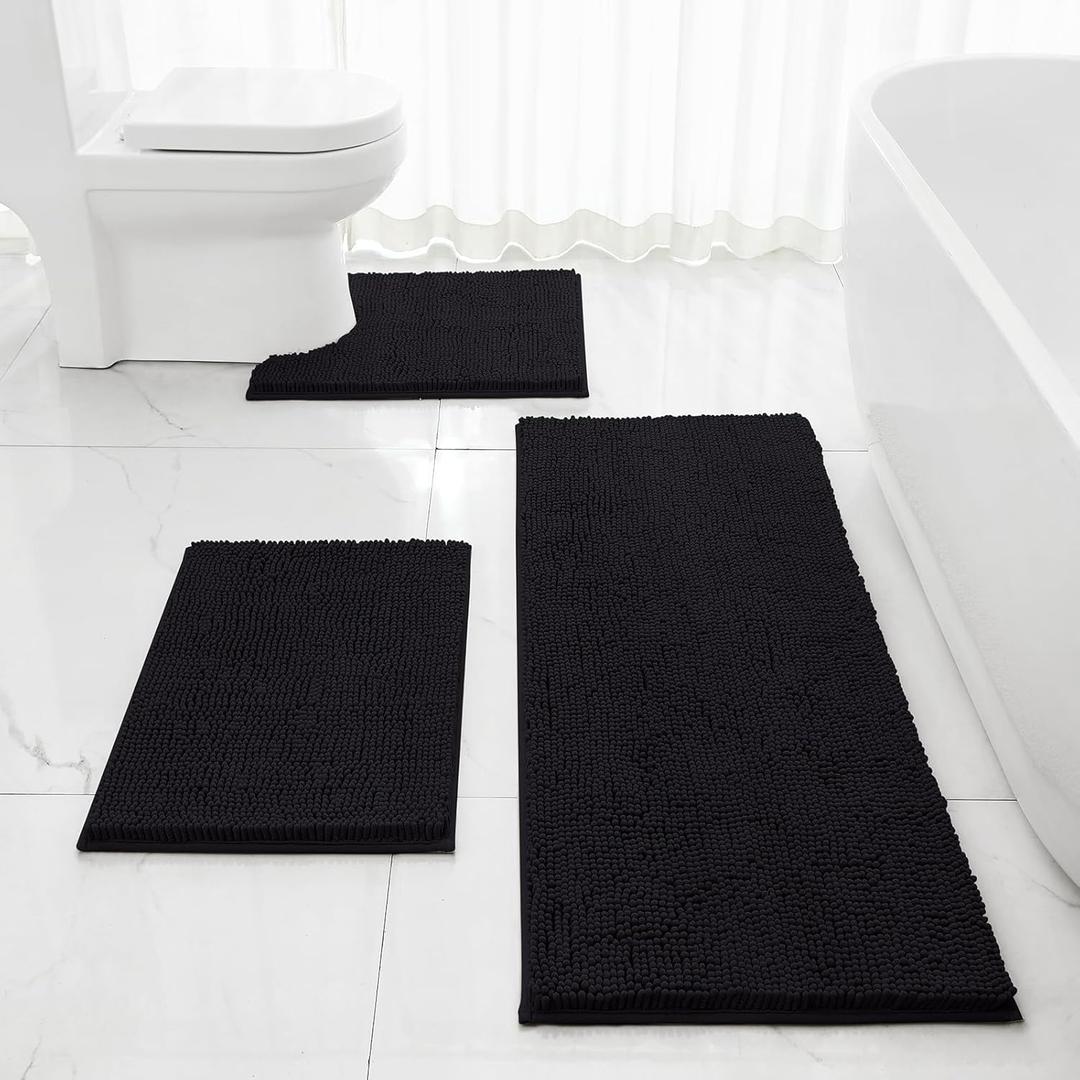 HOMEIDEAS 3 Pieces Bathroom Rugs, Extra Large Ultra Soft Non Slip Absorbent Chenille Toilet Bath Mat Set (Black,17"x24"+20"x48"+U Shape 20"x24")
