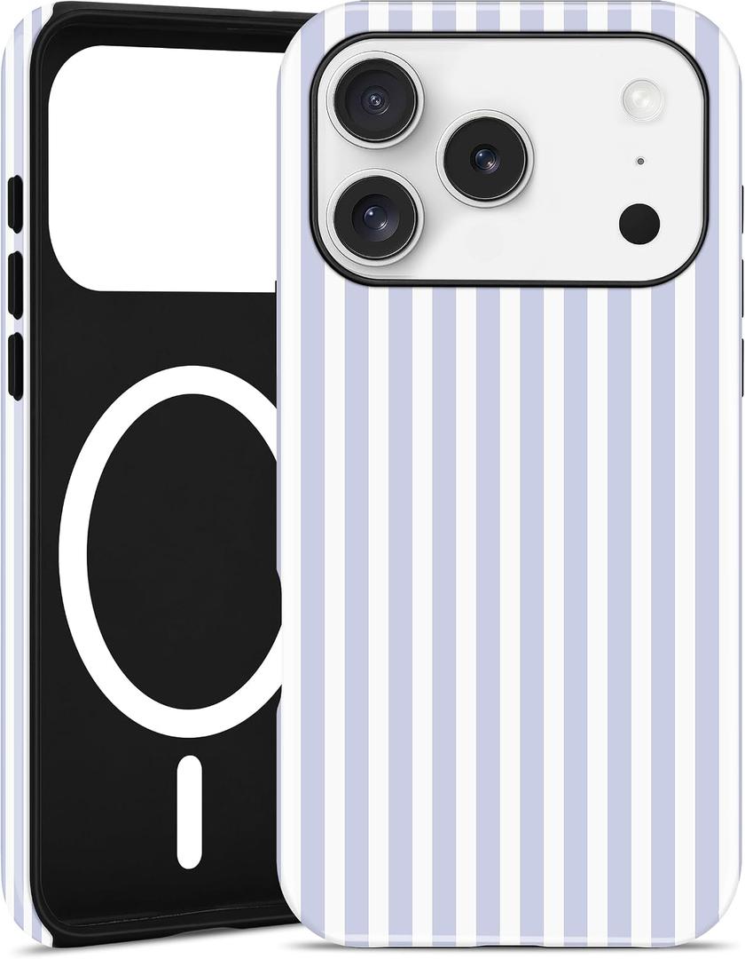 Compatible with MagSafe Striped Phone Case for iPhone 15 Pro Max, Cute Magnetic Blue and White Aesthetic Stripes Soft TPU and Hard PC Shockproof Protective Phone Cover for Women Girls