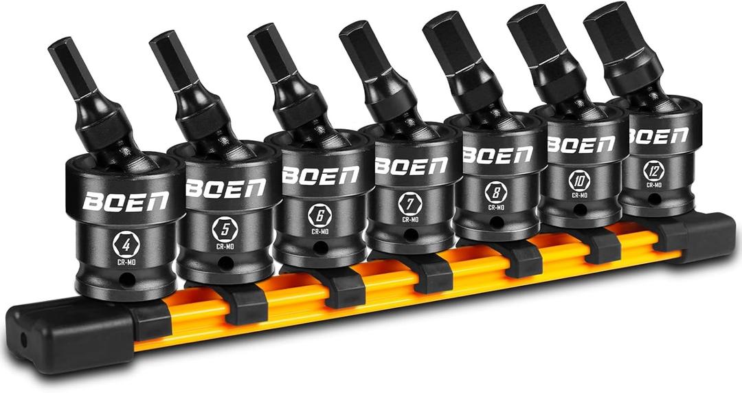 boen 3/8" Drive Universal Hex Bit Socket Set, 7-Piece Metric Impact Swivel Allen Bit Sockets, 360 Rotation Flexible Wobble Hex Bit Driver Socket Set, With Storage Rail, CR-MO Steel