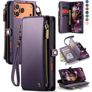 Defencase for iPhone 17 Pro Max Case Wallet with RFID Blocking Card Holder for Women and Men, Fashion PU Leather Magnetic Snap Flip Zipper Strap Wallet Phone Case for iPhone 17 Pro Max 6.9", Purple