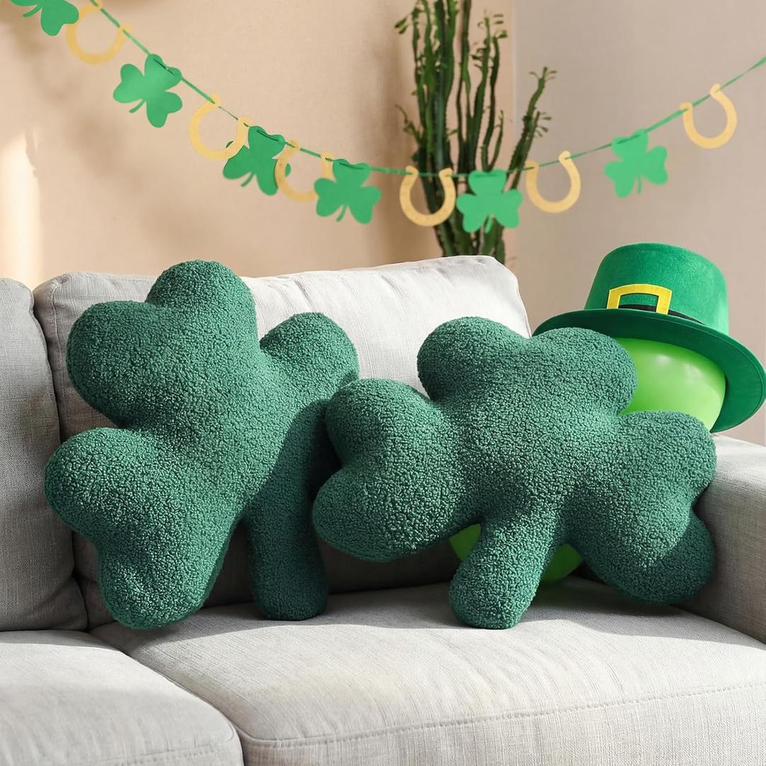 2 Pcs St Patrick's Day Throw Pillow Shamrock Pillow 14" Irish Lucky Clover Flannel Cushion Stuffed for St Patrick's Day Couch Sofa Bedroom Decoration