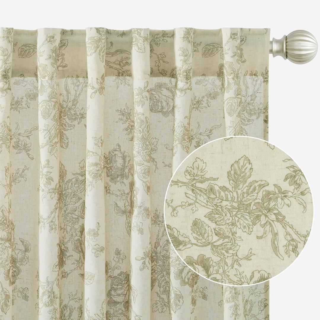 StangH Sage Green Linen Curtains for Living Room, Semi Sheer Floral Curtains 84 inch Length Farmhouse Flower Patterned Printed Drapes for Bedroom Sliding Door, W52 x L84, 2 Panels
