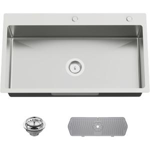 33x19 Inch Drop In Kitchen Sink-Stainless Steel Topmount Modern Single Bowl Kitchen Sink Come With Silicon Mat, Drain Strainer Set Offer Large Basin And Compatibility With Various Kitchen&Bar Style