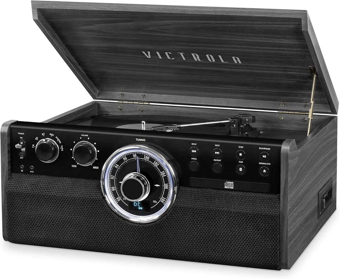 Victrola The Empire Mid-Century 6-in-1 Turntable & Multimedia Center with Built-in Speakers  3 Speed, Bluetooth Connectivity, Radio, Cassette & CD Player, RCA Out, Headphone Jack (Grey)