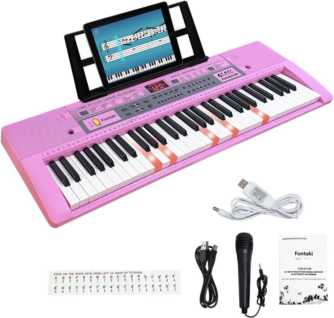 61 Key Electronic Keyboard Piano with Lighted Up Keys, Musical Mini Keyboard Piano with keyboard stand, Digital Portable Synthesizer Keyboards for Beginners Kids Adults, Pink