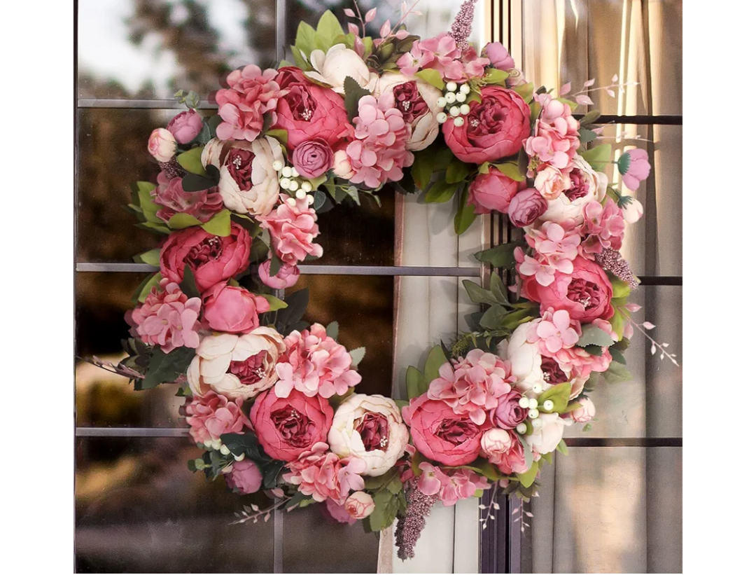 Wreath 26 Inches - Peony Flower Spring Wreaths for Front Door Outside - Summer Floral Bud Wreath -Handmade Door Wreaths,Pink&Purple&Green