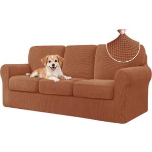 CHUN YI 7 Piece Couch Covers Sofa Covers Washable, Stretch Sofa Slipcovers for 3 Cushion Couch with Seperate Backrest and Cushion Covers, Anti Slip Furniture Protector for Dogs Pets (Large, Brick)