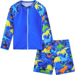Boys Zipper Rash Guard Sets UPF 50+ with Short 3-9 Years (002 Dinosaur) 
 3-4T