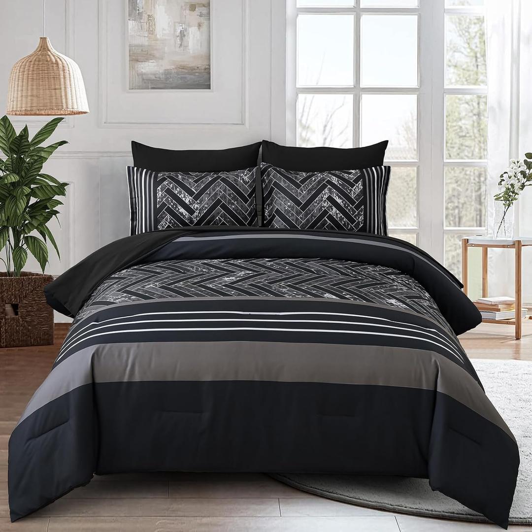 Luxudecor Black Comforter Set Queen Size, 7 Pieces Stripe Geometric Bed in a Bag, Geometric Comforter and Sheet Set, Soft Microfiber Complete Bedding Sets for All Seasons