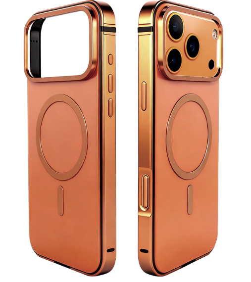Metal Magnetic Case for iPhone 17 Pro[Compatible with MagSafe] Slim Aluminum Bumper Anti-Scratch Lining, Original Metal Texture Military Shockproof Cover (Transparent Orange, for iPhone17 Pro)