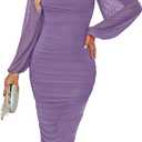 ZESICA Women's Sexy Ruched Bodycon Midi Dress Long Puff Sleeve Square Neck Backless Cocktail Party Wedding Dresses (Purple, XXL)