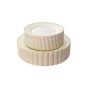 Lullaby 60PCS Ivory Scalloped Plastic Plates with Gold Rim, Disposable Elegant Plates Include 30pcs Dinner Plate 10.25", 30pcs Plastic Dessert Plate 7.5", Perfect for Wedding and Party