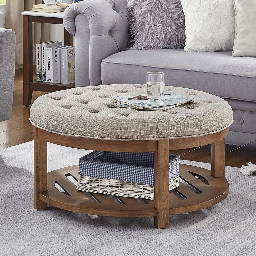 24KF Large Round Upholstered Tufted Linen Ottoman Coffee Table, Large Footrest Ottoman with Wood Shelf Storage-Granite