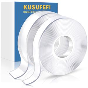 KUSUFEFI Double Sided Adhesive tape Heavy Duty, Double Stick Mounting (2 Rolls, Total 20FT), Clear Two Sided Wall tape Strips, Removable Poster tape for Home, Office, Car, Outdoor Use
