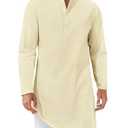 Runcati Mens Kaftan Robe Thobe Cotton Long Sleeve Henley Shirt Casual Muslim Gown Kurta Tops Beige L