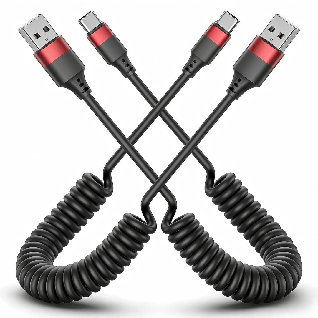 2 Pack USB C Coiled Cable CarPlay, Fast Charging USB to USB C Cord for Samsung Galaxy S25, Moto G9, Google Pixel, iPhone 17/17 Pro Max, Retractable for Car