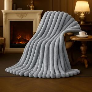 Amlie Home Faux Fur Throw Blanket for Couch, Cozy Fuzzy Fluffy Fur Luxurious Soft Striped Plush Gift Blankets for Family Sofa Chair Bedroom, 55"x70", Light Grey
