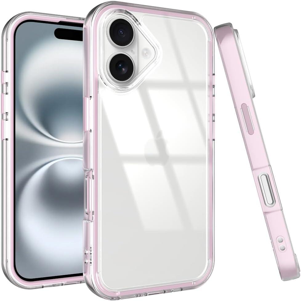 Puxicu Acrylic 2 in 1 for iPhone 16 CaseAnti-Yellowing, Military-Grade Protection, Drop Shockproof Slim Phone Cover for iPhone 16 6.1", Clear+Light Pink