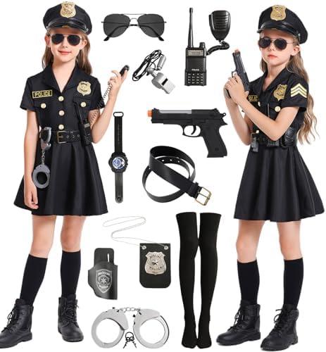 Police Officer Costume Kids Girls Halloween Costume Cop Outfit Cosplay with Deluxe Accessories L