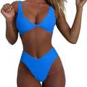 geluboao Bikini Set for Women Solid V Neck Knot Front Push Up High Leg Thong Two Piece Swimsuit.M