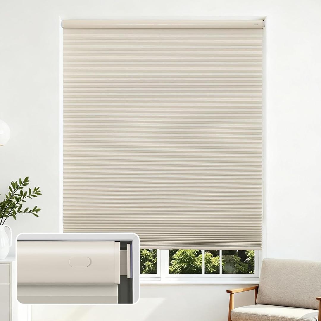 Joydeco No Tools No Drill Cordless Cellular Shades, Light Filtering Honeycomb Blinds for Indoor Windows, Thermal Insulating & Noise Reducing (Beige, 20" W x 64" H)
