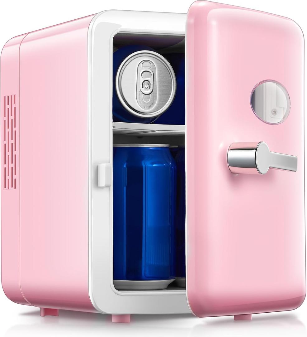 Reemix Mini Fridge, 4L/6 Cans Retro Portable Cooler For 120V Home & 12V DC Car Use, Skincare Fridge for Bedroom, Car, Office, Dorm (Pink)
