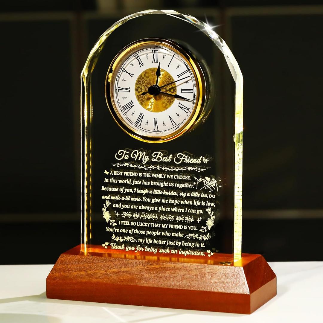 Arikyrist Best Friend Birthday Gifts for Women Glass Clock to My Best Friend with Wooden Light Base, Friendship Gift Ideas for Female Friend BFF Bestie Presents on Christmas Wedding Table Decor