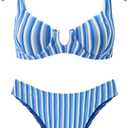Underwire Bikini Sets for Women Retro Striped Terry Textured Bathing Suit Cute Y2K Bow Tie Shoulder Swim Suits (Blue, L)