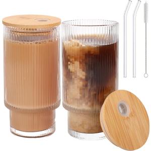 Glass Cups with Bamboo Lids and Straws - 16 oz Iced Coffee Cups, Vintage Ribbed Drinking Glasses, Tumbler for Juice, Beer, Coffee, Milk, Cocktail, Water (2 Pack) (Clear)