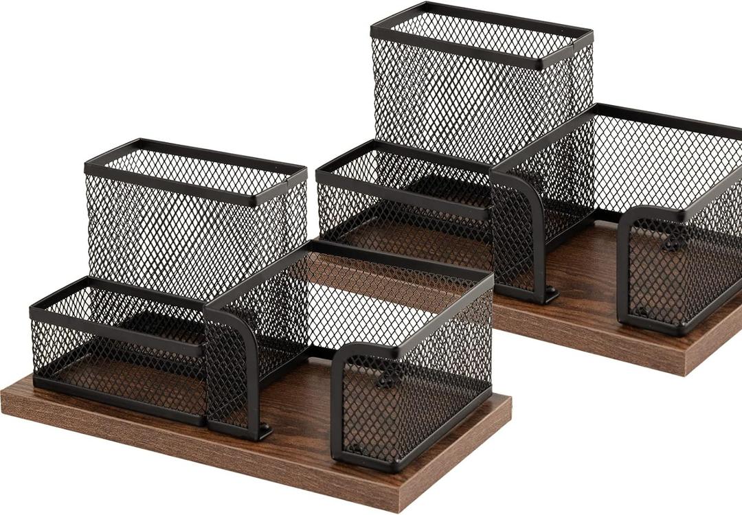 Antique Wood & Mesh Pen Holder Office Supplies Caddy, Storage Baskets for Desktop Accessorieswith Sticky Notes Holder,3 Compartments(2 Pack Black)