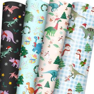 Dinosaurs Christmas Wrapping Paper for Boys Girls Kids - 8 Jumbo Sheets Cartoon Dinosaurs, Santa Hats and Snowman Designs - DIY Gift Wrap for Party Favors New Year Birthday Gift, 28"x40" (Dinosaur)