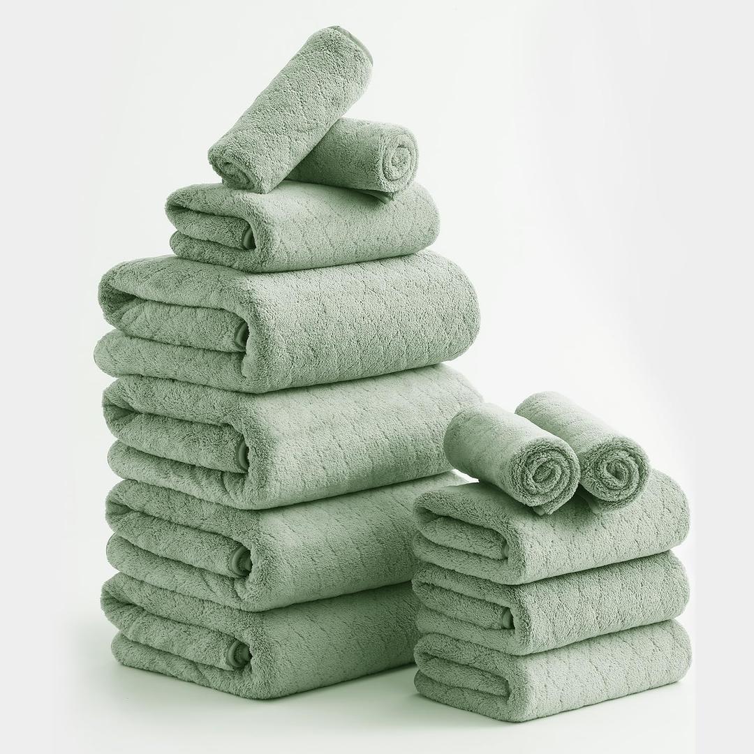 Luxury Bath Towels Set - 12 Piece (4 Large Bath Towels,4 Hand Towels,4 Washcloths), 100% Microfiber,Extra Absorbent Super Soft & Quick Dry,Complete Family Pack for Bathroom Gym Pool,Green