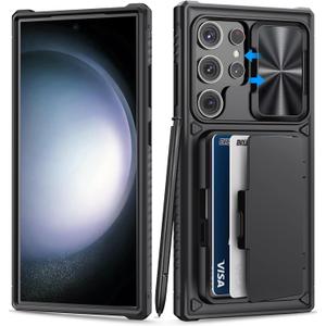 for Samsung Galaxy S23 Ultra Case with Card Holder & Kickstand & Slide Camera Protector, Military Grade Drop Shockproof Silicone Wallet Phone Case Cover for Galaxy S23 Ultra 5g 2023, Black