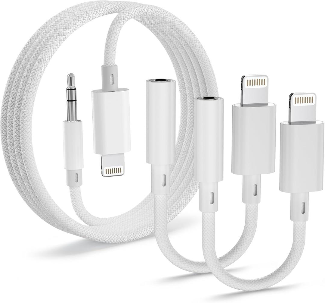 Lightning to 3.5mm Audio Adapter 2 Pack and 4ft Aux Cable Hi-Fi Lightning to Headphone Jack Adapter and Aux Cord Compatible with iPhone 14 13 12 11 XS XR X 8 7, Car Stereo, Headphones, Speaker