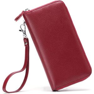 Moflycom Womens Wallet RFID Blocking Genuine Leather Zip Around Wallet Clutch Wristlet Travel Long Purse for Women (Deep Red)