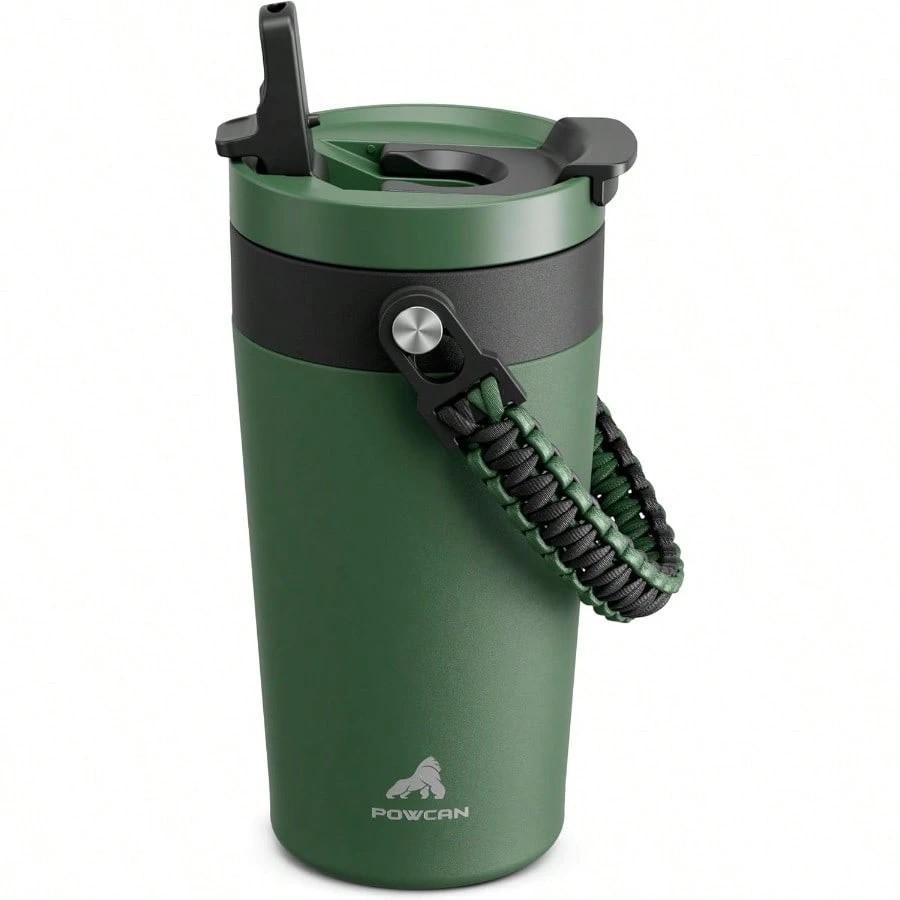 16 Oz Insulated Coffee Mug for Commuters: 2-in-1 Straw Flip Lid, Keep Cold 24H, Fit in Car Cupholder, Leakproof, Stainless Steel Coffee Tumbler with Handle for Office, Travel, Gifts and Home (Forest)