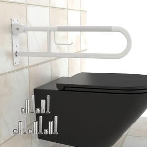 U Shaped Toilet Grab Bar 30.3 Inch, Munzong White Anti-Slip Support Rail, Flip-Up Bathroom Grab Bar with Paper Holder, Stainless Steel Knurled Handicap Safety handrails for Elderly Disabled Pregnant