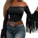 Fringe Tops for Women Western Cowgirl Off The Shoulder Fall Long Sleeve with Tassels Stretchy Crop Shirts Blouses (Black, XXL)