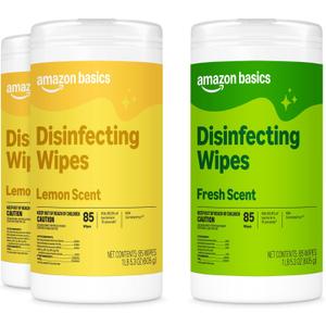 Amazon Basics Disinfecting Wipes, Lemon & Fresh Scent, Sanitizes, Cleans, Disinfects, Deodorizes, 340 Count (3 Packs of 85)