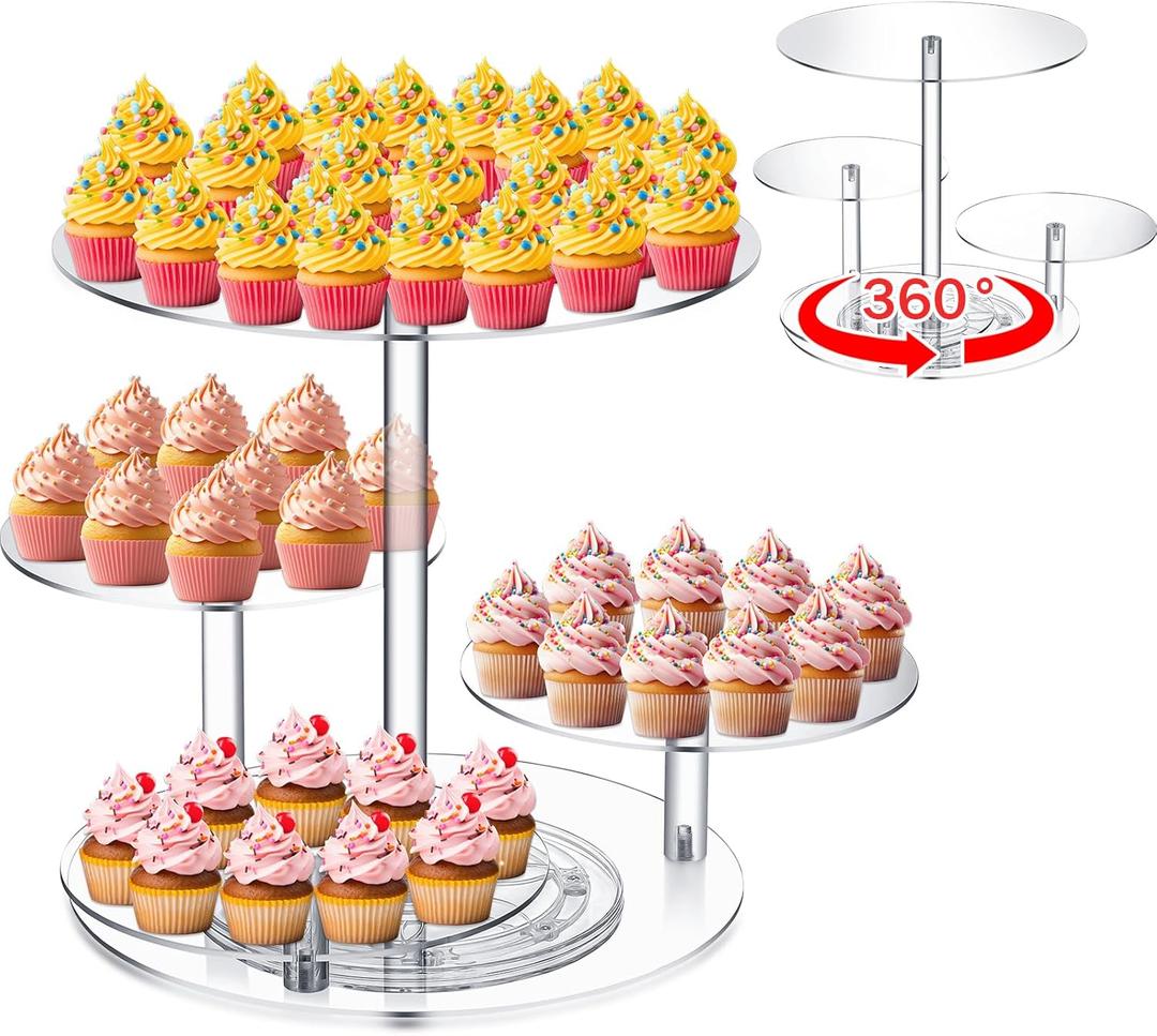 Tiered Cupcake Display Stand Rotatable Cake and Cupcake Tower Stand Combo Clear Acrylic Cake Holder with Tiered Tray for Dessert Pastry Birthday Wedding Party Table(4 Tire and Round)