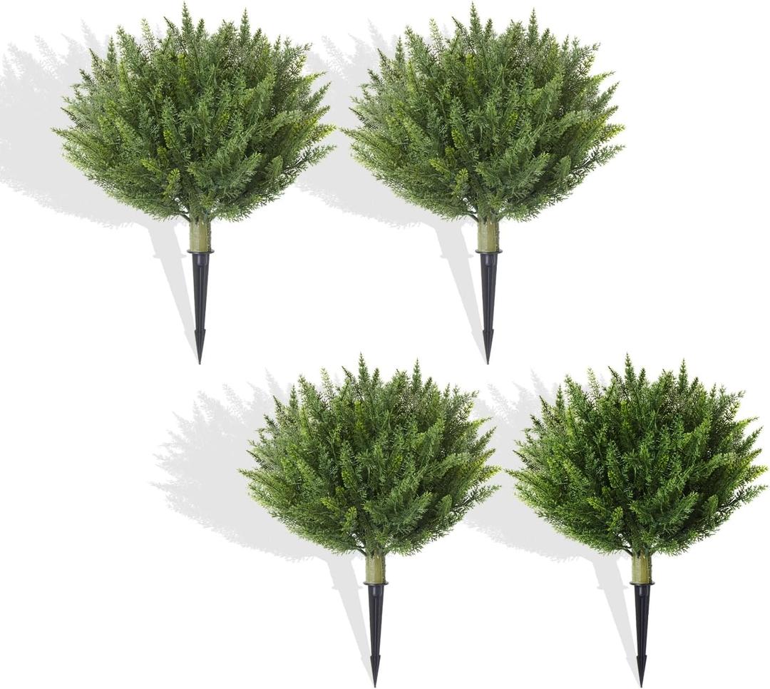 Set of 4 Artificial Cypress Topiary Shrubs, 20" UV-Resistant Faux Cedar Outdoor Plants with Ground Spikes  Realistic Green Bushes for Porch, Patio, Garden, and Yard Dcor (4pcs Cyress Tree)