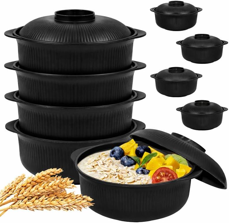 Black Unbreakable Cereal Bowls Set of 4 - Microwave & Dishwasher Safe BPA-Free Plastic Striped Pot Bowls for Family, Kids, Camping - Non-Slip, Eco Wheat Straw Soup Bowls (40oz)