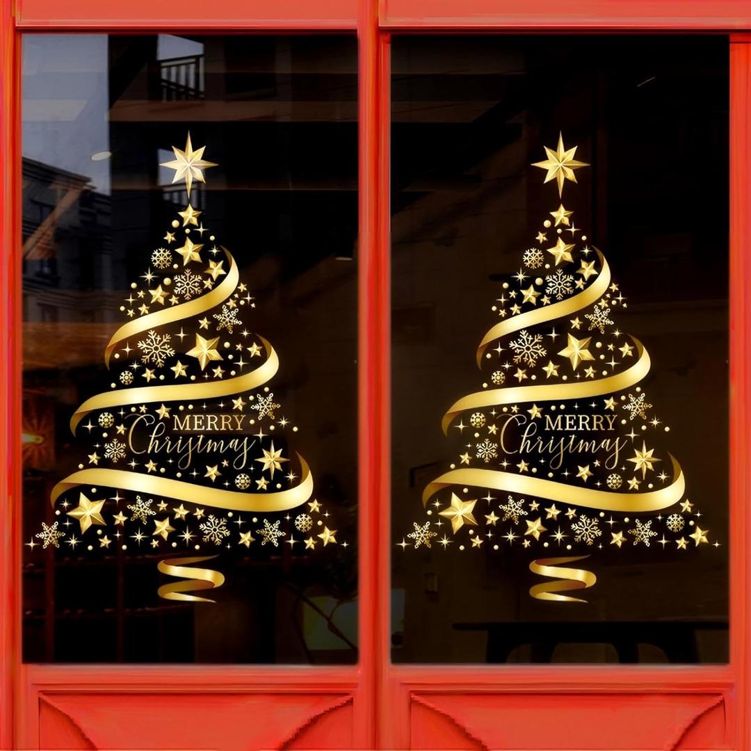 Rchovsam 2 Pack XL Whole Gold Tree Clings for News Yeras Winter Gold Christmas Tree Window Stickers for Glass Large DIY Static Wall Window Door Mural Showcase Decal Sticker-15.7x17 Inches