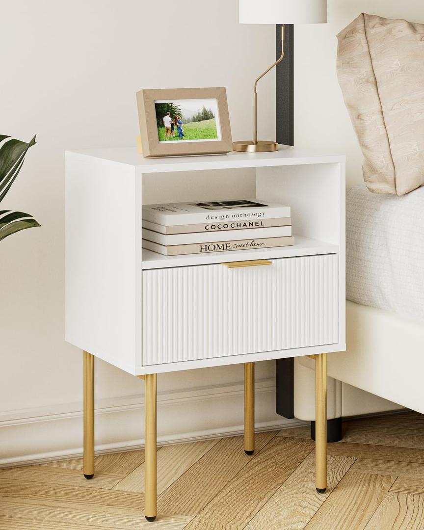 Night Stand, Modern Nightstand with Drawers, Bedside Table, Gold Small Side Table for Bedroom, Living Room End Table (White Stripe, 1 Drawer)