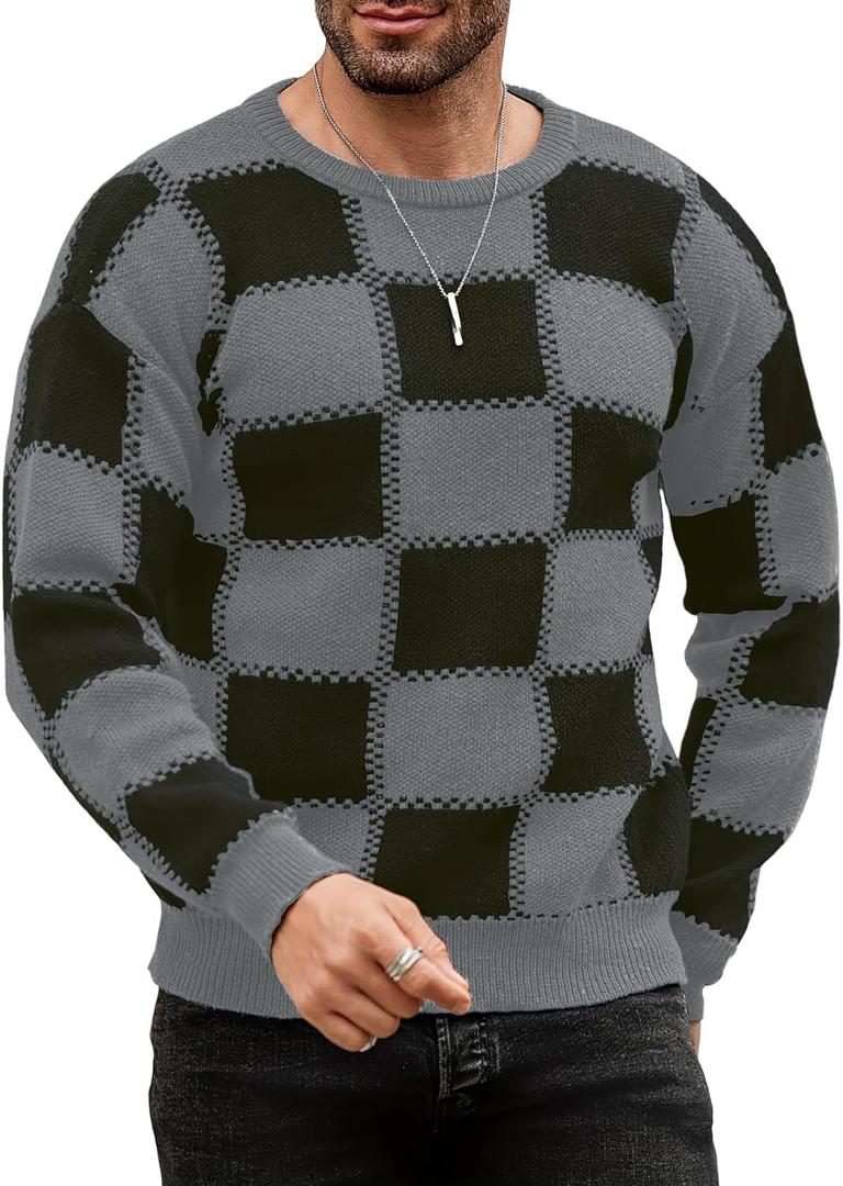 ZAFUL Mens Sweaters Casual Crewneck Textured Long Sleeve Color Block Vintage Knit Pullover Tops (XX-Large, 1-black)