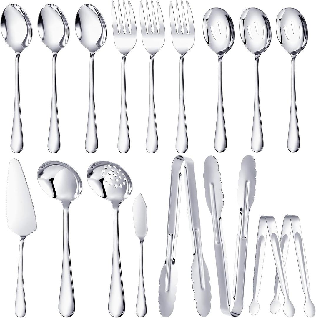 Mwellewm 17Pcs Serving Utensils, Silver Stainless Steel Serving Spoons, Slotted Spoon, Fork, Tongs, Cake Pie Server, Soup Spoon Metal Buffet Banquet Cutlery Set for Parties Entertaining Catering
