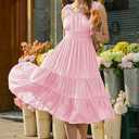 AlvaQ Women Summer Dresses Sleeveless Smocked Midi Dress High Waist Casual Tiered A Line Sundress with Pockets (Pink, XL)