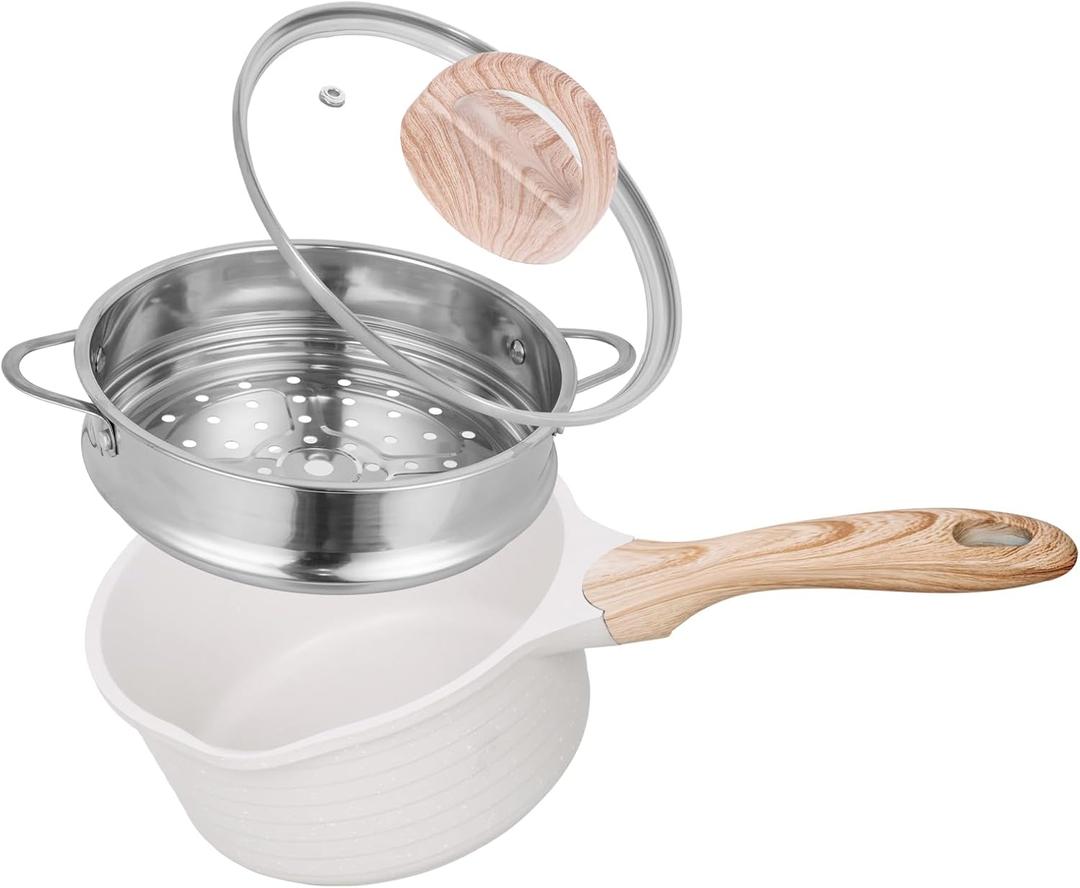 JEETEE 2.5 Quart Saucepan with Steamer Basket, Small Sauce Pot with LidNonstick Coating with Pour Spout, Induction Compatible Cookware Sauce Pan for Cooking, PFOA/PFOS Free (Beige)