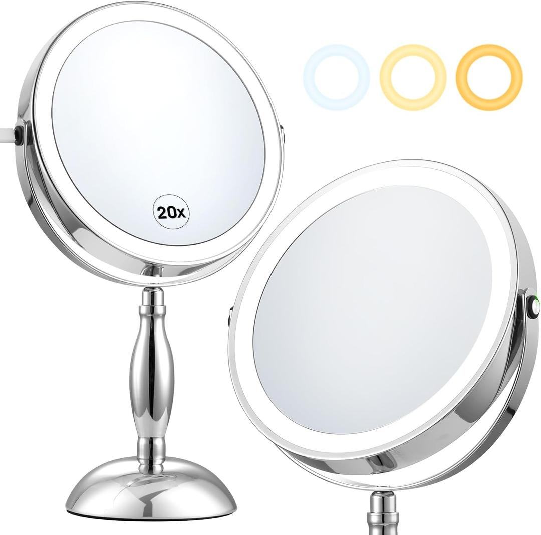 Makeup Mirror with Lights, 20X Magnifying Mirror with Light and STC- Side Charging & Side Touch Switch, Vanity Mirror with 3 Color Light and 2-Side 360 Rotation Double Sided Standing Desk Mirror (Chrome)